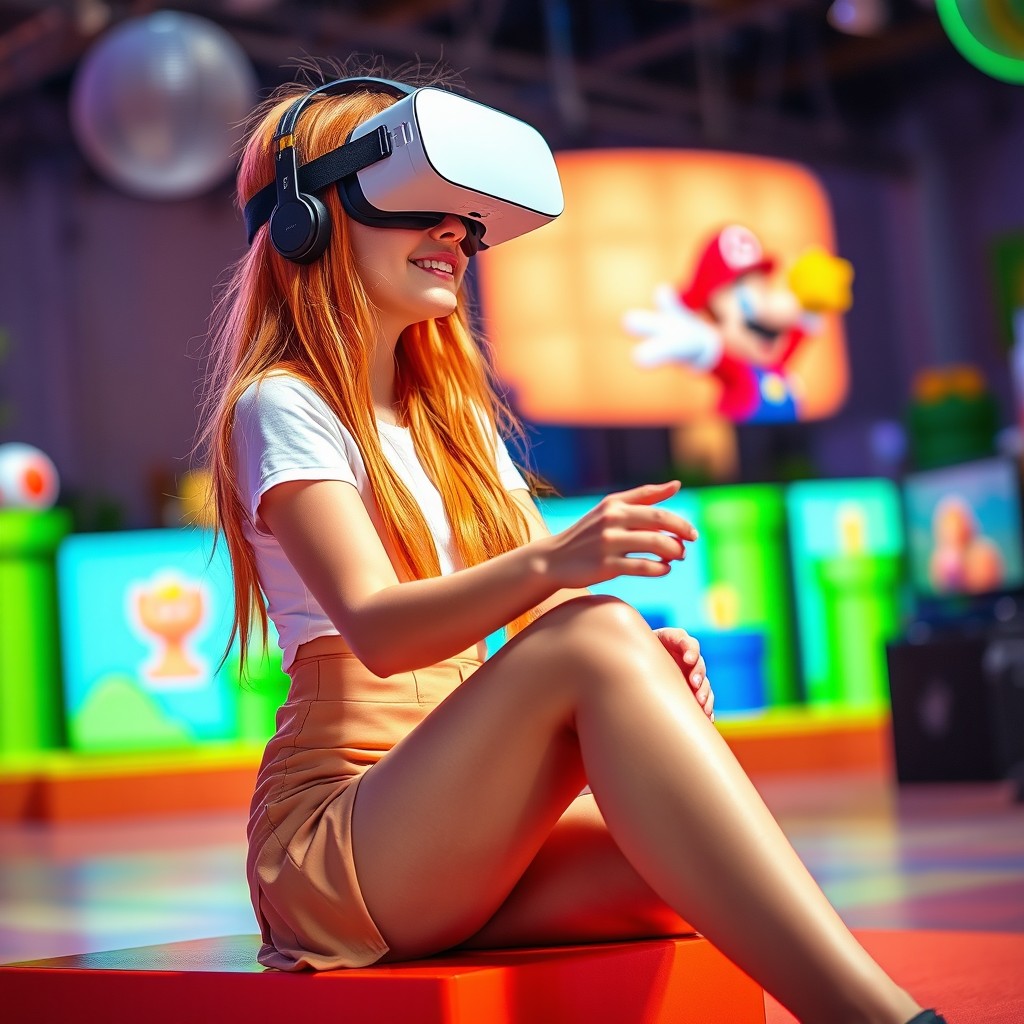 A vibrant scene featuring a girl with long orange hair, wearing a chic mini skirt that showcases her beautiful legs