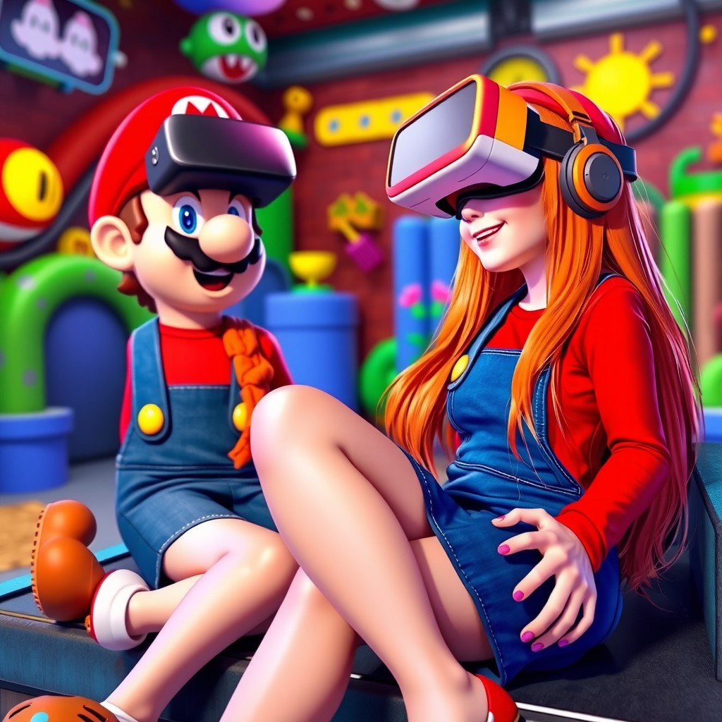 A vibrant and colorful scene featuring a girl with long orange hair wearing a mini skirt, showcasing her lovely legs
