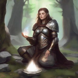 dwarven female kineticist meditates wearing her heavy armor while energy from nature soars around