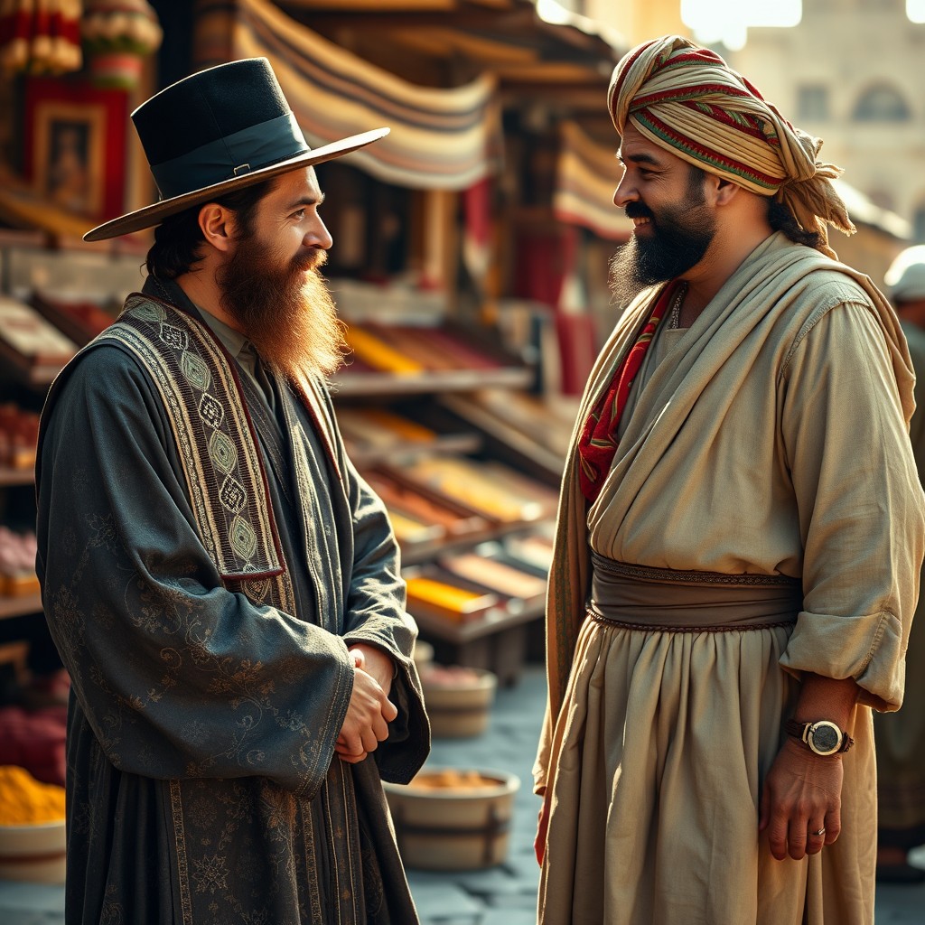 A Jewish man and a Muslim man engaged in a friendly conversation, both dressed in traditional clothing from over 1400 years ago