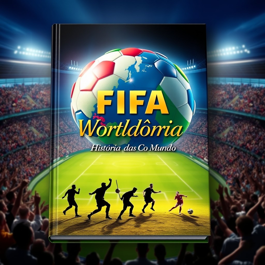 A captivating book cover design depicting the history of the FIFA World Cups