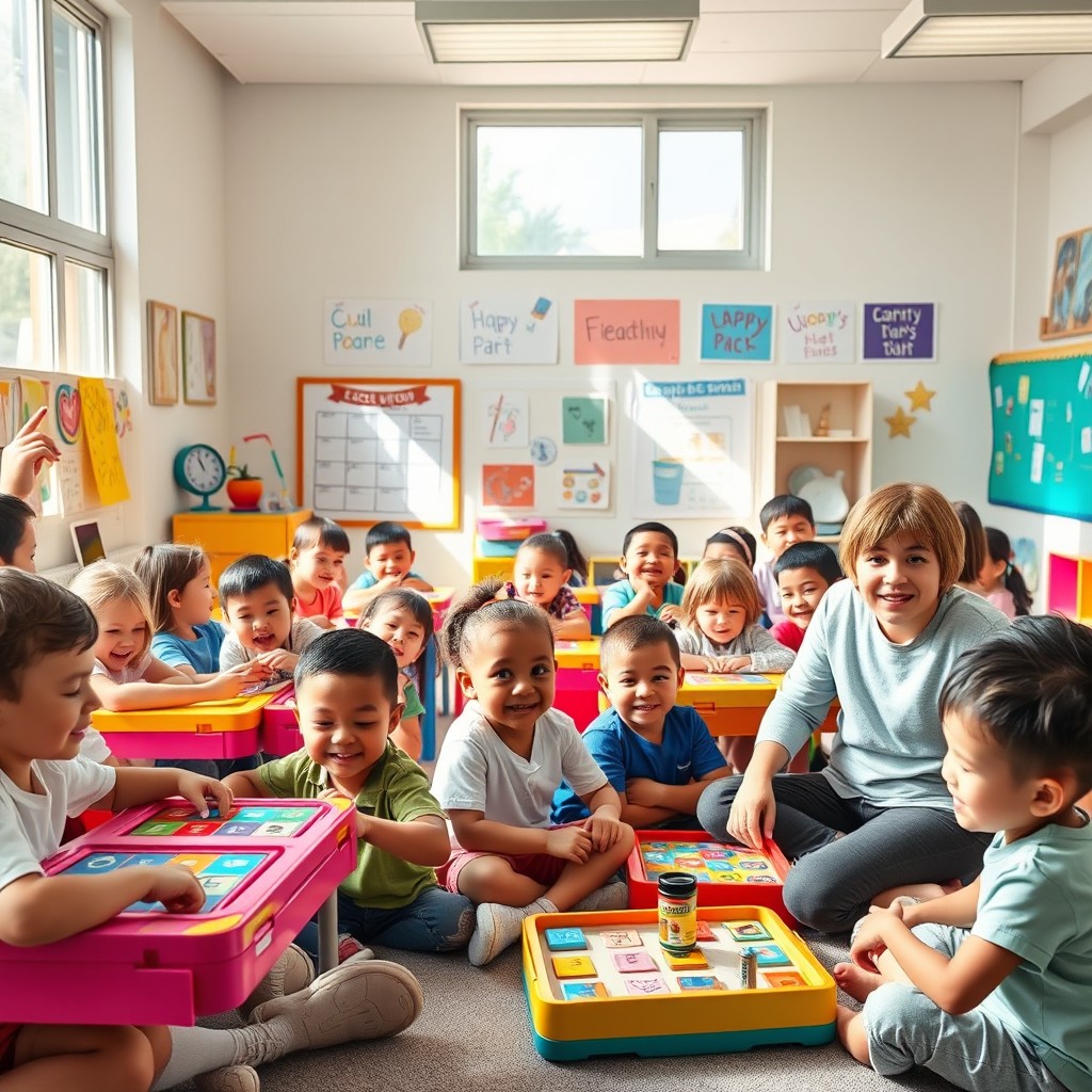 A vibrant and lively classroom scene filled with children happily playing games