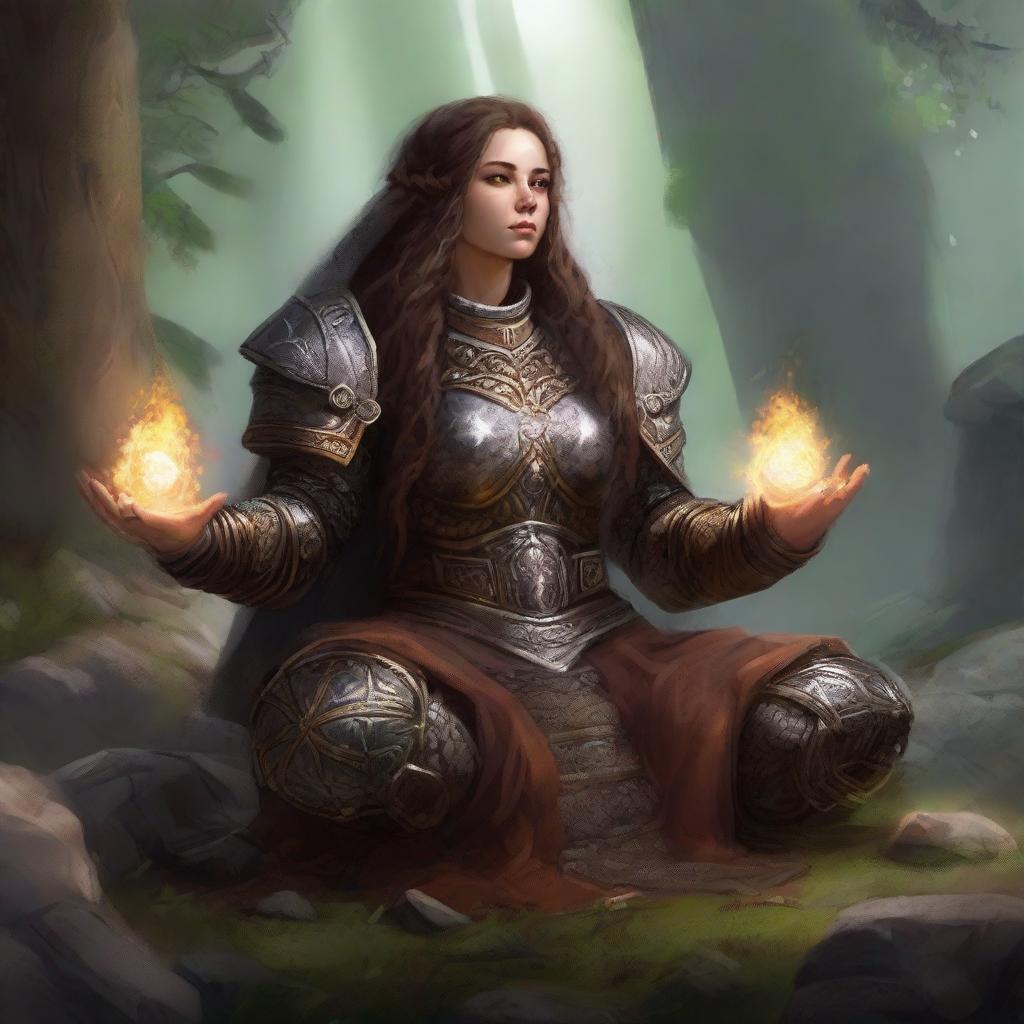 dwarven female kineticist meditates wearing her heavy armor while energy from nature soars around