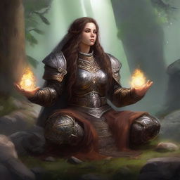 dwarven female kineticist meditates wearing her heavy armor while energy from nature soars around