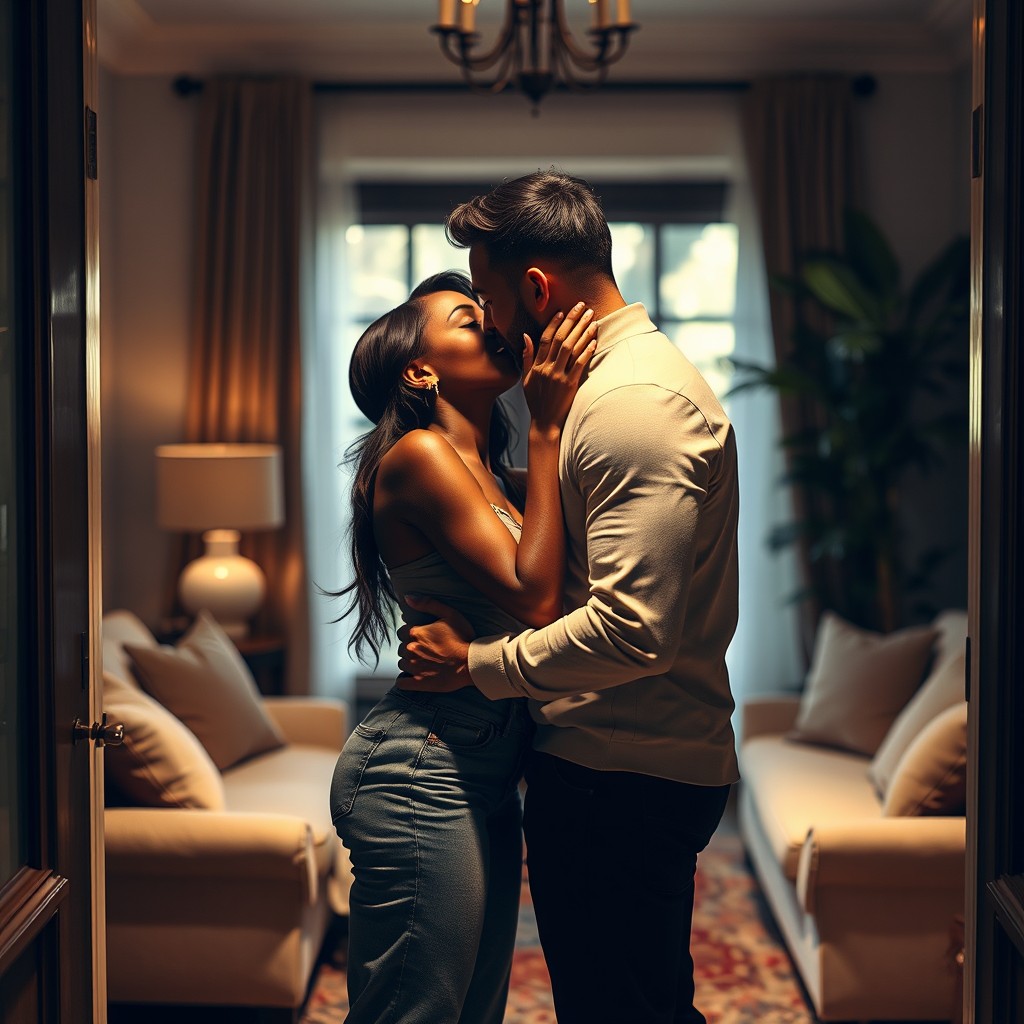 A passionate scene depicting an intimate moment between a beautiful Black woman and a handsome white man in a living room entrance