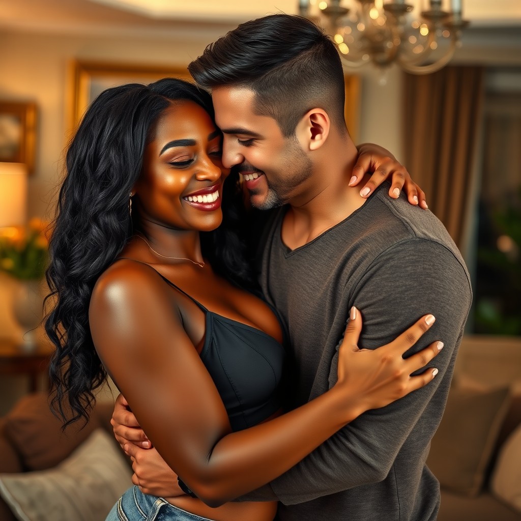 A passionate scene depicting an intimate moment between a beautiful black woman and a handsome white man, captured in a warm and inviting living room setting
