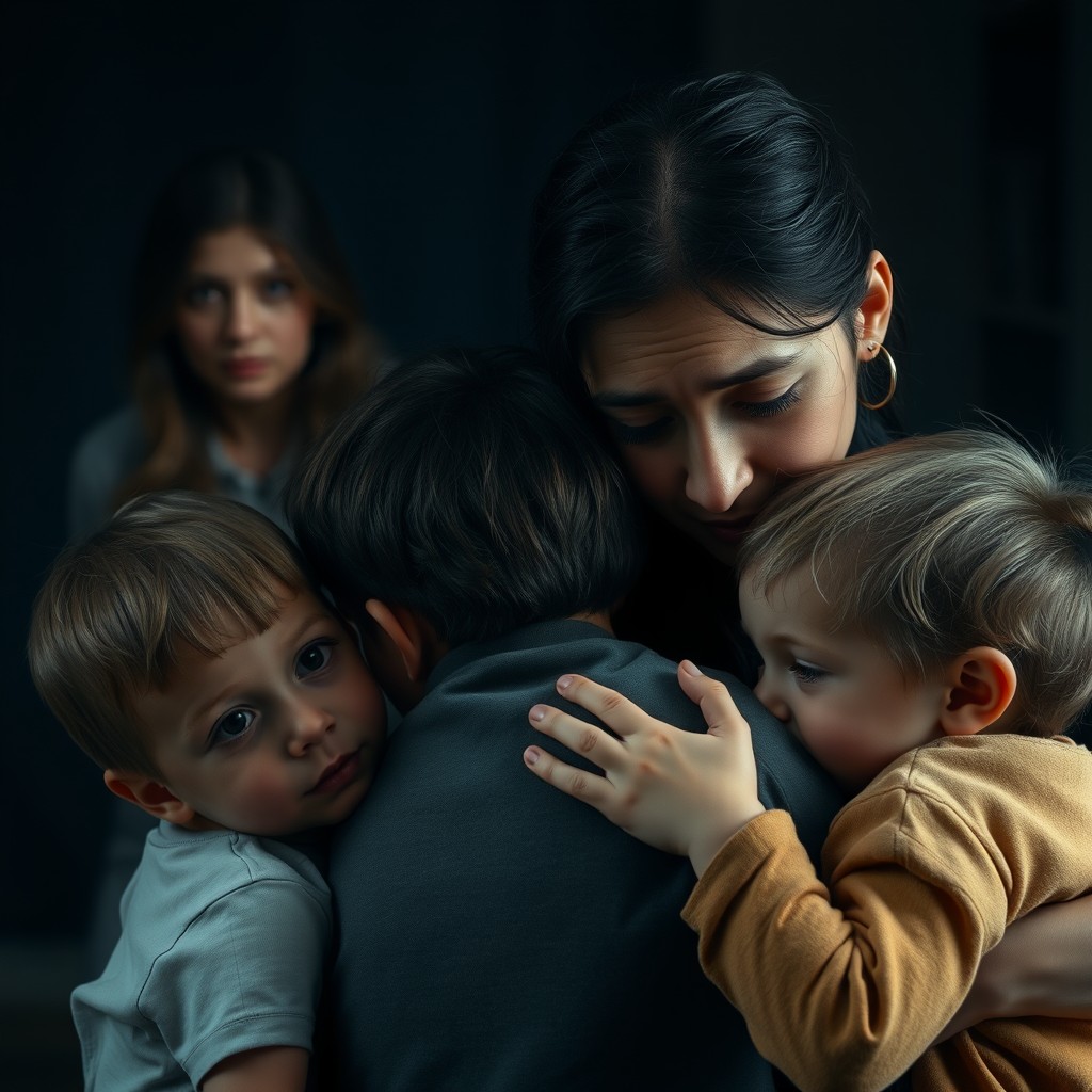 A woman with tears in her eyes embraces her three young children, set against a dark and blurred background