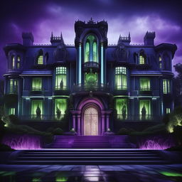 A modern, imposing mansion, acting as a lair for an enraged evil genius. Its clean, sleek design belies his towering intellect and malevolence. Drowned in chilling blues, haunting greens, and unforgiving purples, it radiates immense power and unceasing rage.