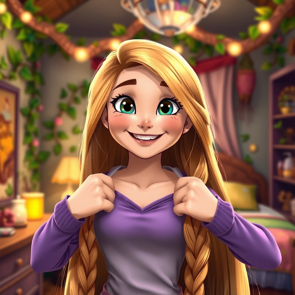 A cheerful depiction of Rapunzel facing the camera with a bright, joyful smile
