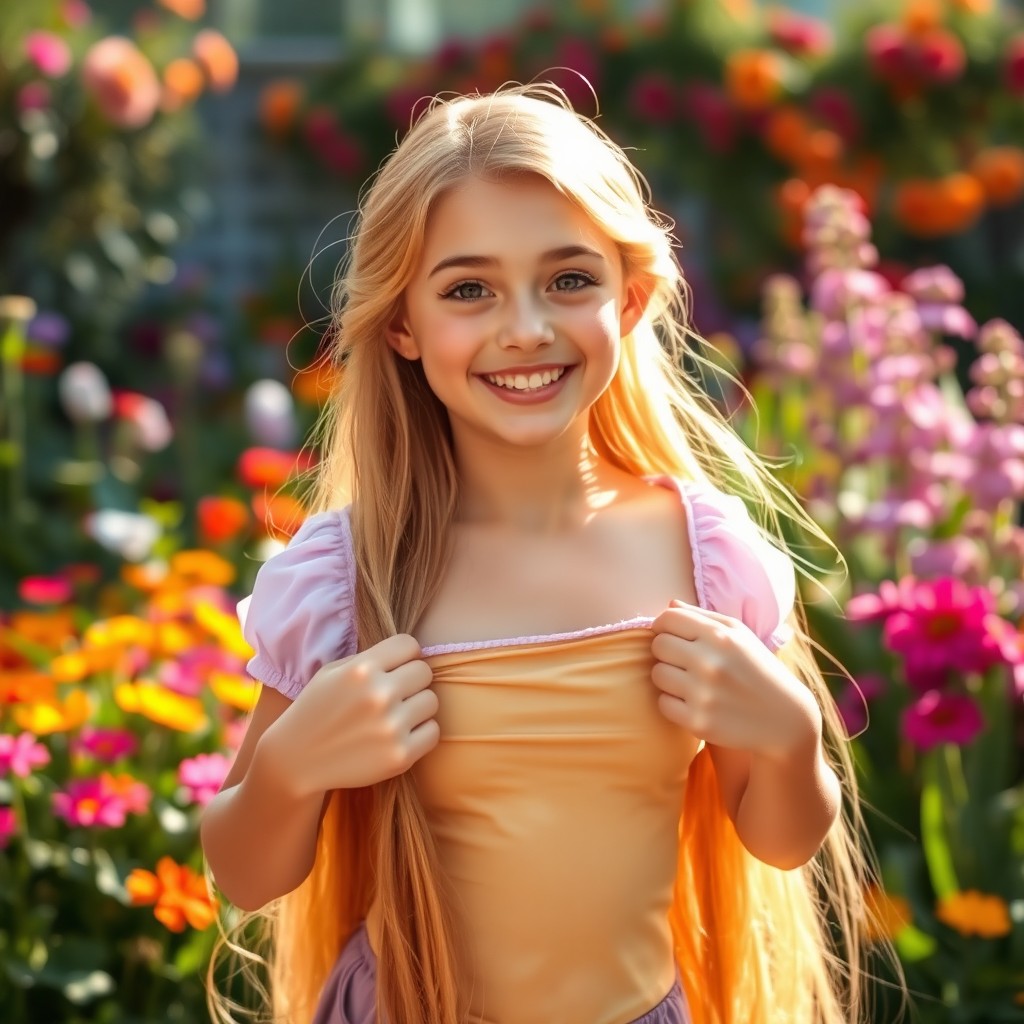 A joyful Rapunzel facing the camera with a cheerful smile, lifting her shirt from the bottom to the top, set in a beautiful garden background filled with vibrant flowers and lush greenery