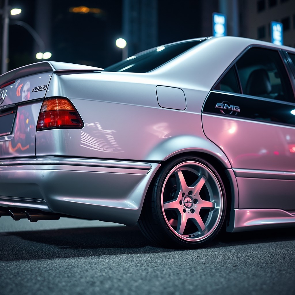 A lowered Mercedes-Benz W202 in a striking silver finish, featuring a sleek baby spoiler on the trunk