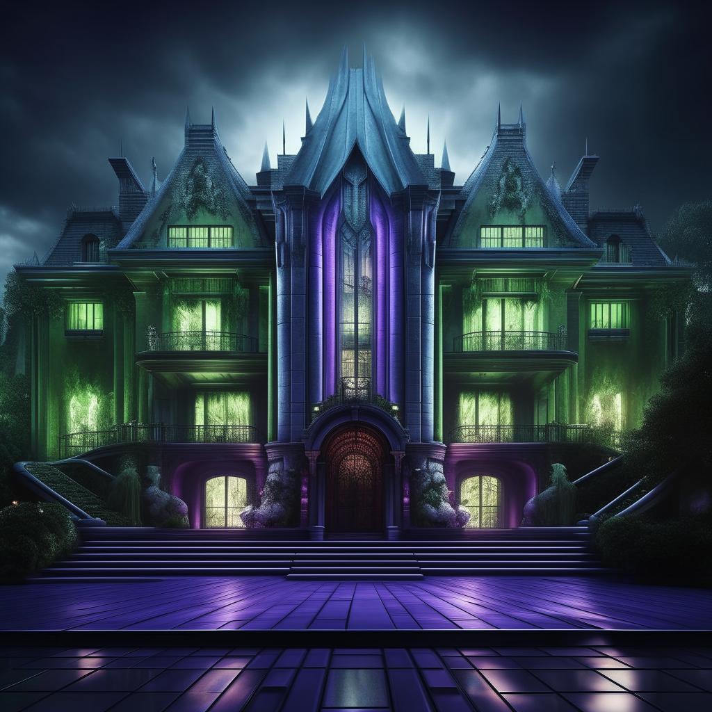 A modern, imposing mansion, acting as a lair for an enraged evil genius. Its clean, sleek design belies his towering intellect and malevolence. Drowned in chilling blues, haunting greens, and unforgiving purples, it radiates immense power and unceasing rage.