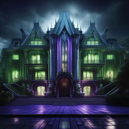 A modern, imposing mansion, acting as a lair for an enraged evil genius. Its clean, sleek design belies his towering intellect and malevolence. Drowned in chilling blues, haunting greens, and unforgiving purples, it radiates immense power and unceasing rage.