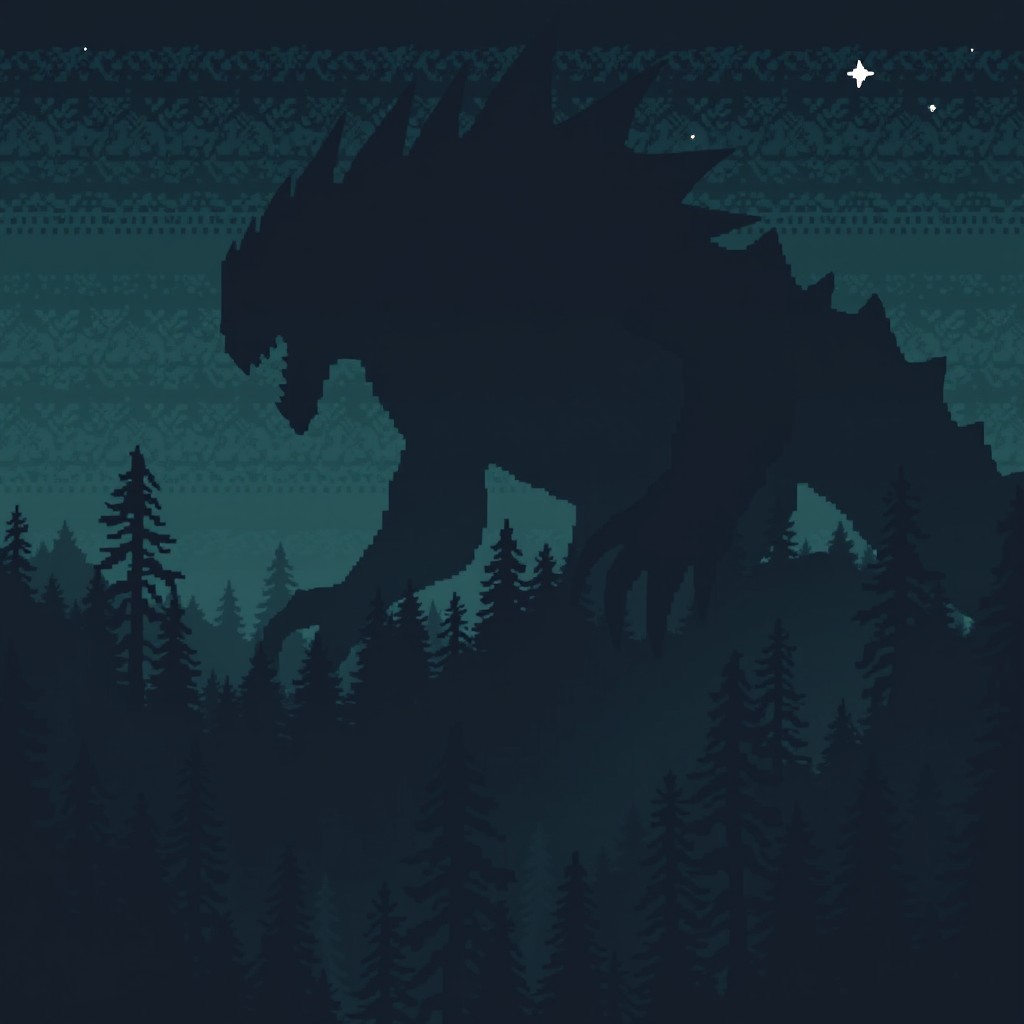 A massive silhouette of a monster looming over a dark, dense forest, in a pixel art style