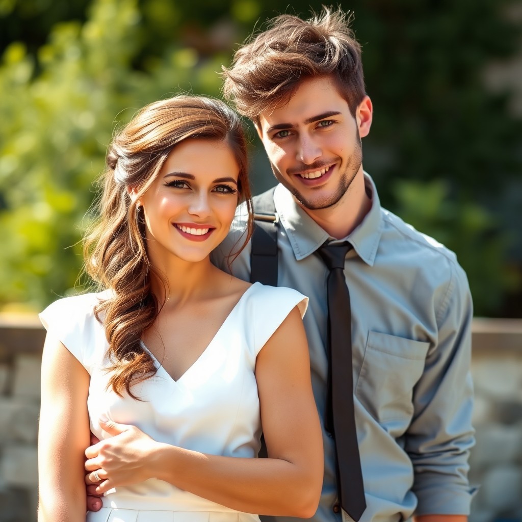 A candid wedding photo of a young couple in their early 20s, taken outdoors on a bright summer afternoon