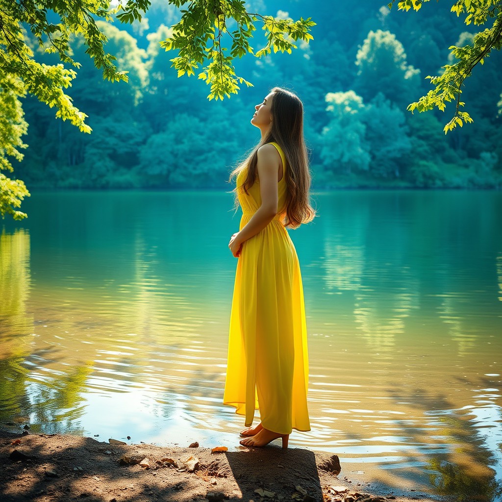 A serene lake surrounded by lush greenery, with a woman wearing a bright yellow dress standing gracefully by the water's edge