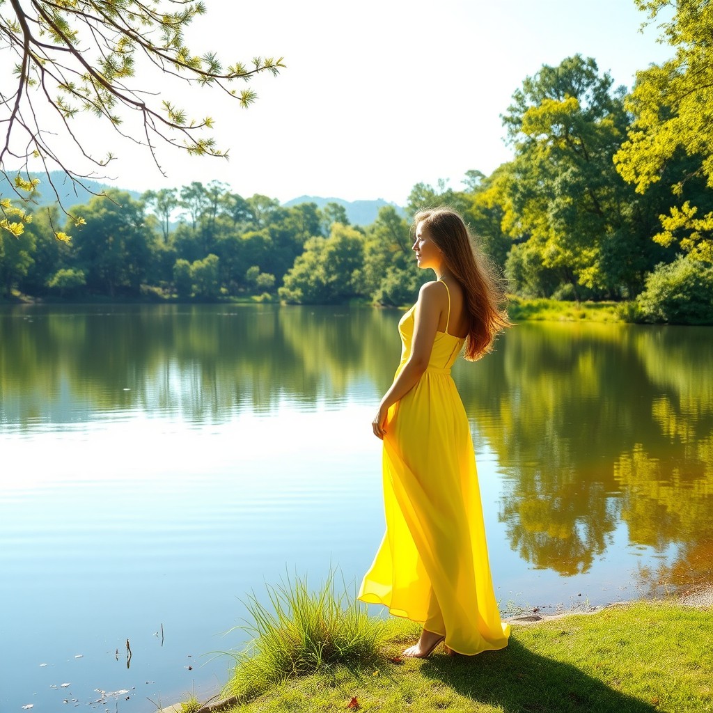 A serene lake surrounded by lush greenery with a beautiful woman wearing a bright yellow dress