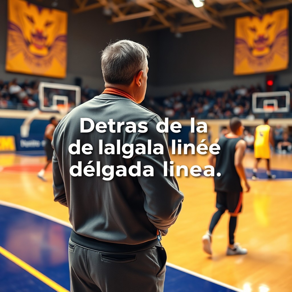 A basketball coach standing confidently behind the sideline of a vibrant basketball court, wearing a stylish sports outfit and a whistle around his neck