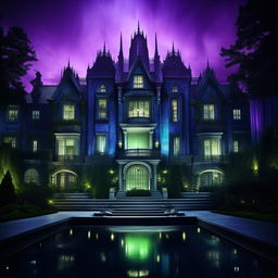 A modern, imposing mansion, acting as a lair for an enraged evil genius. Its clean, sleek design belies his towering intellect and malevolence. Drowned in chilling blues, haunting greens, and unforgiving purples, it radiates immense power and unceasing rage.