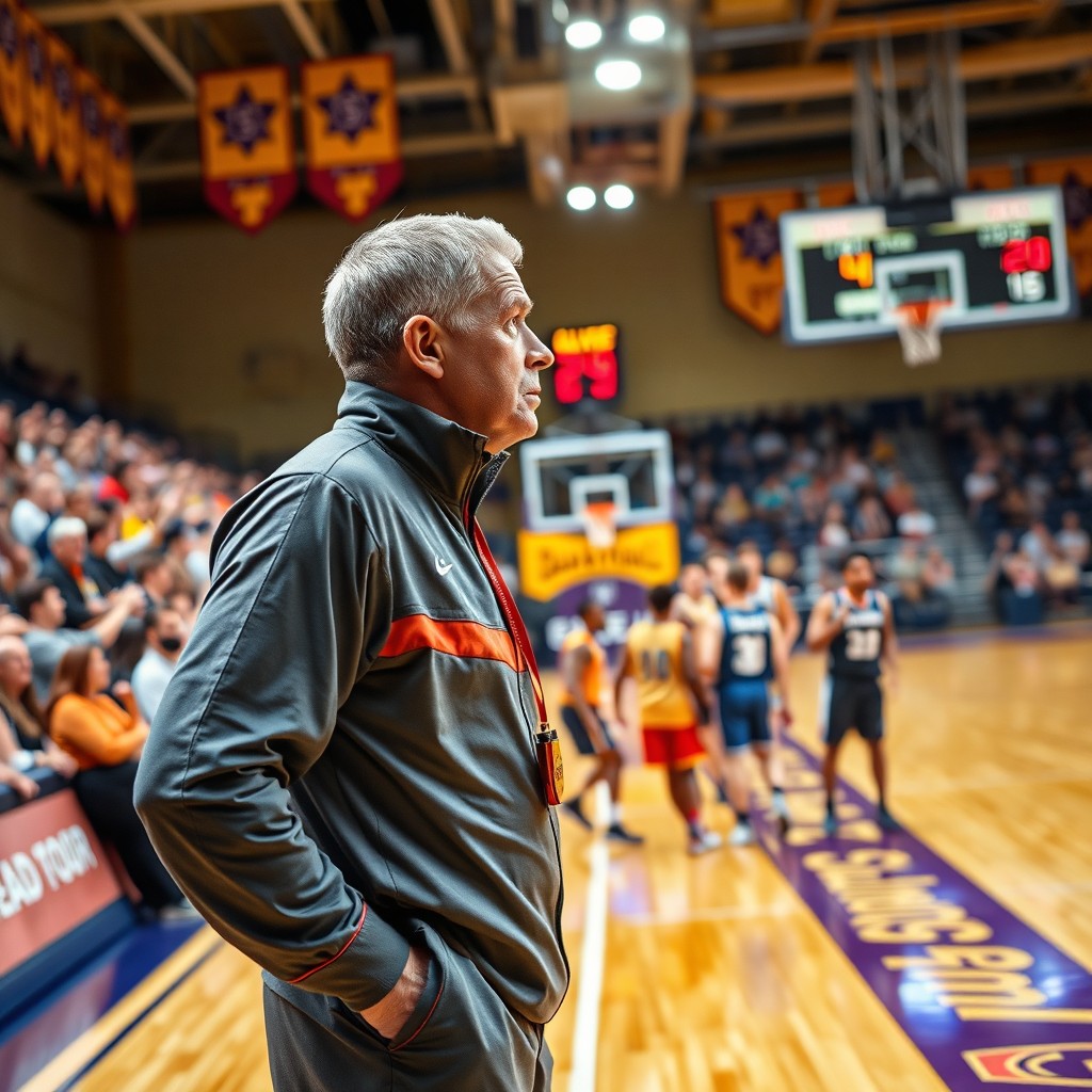 A basketball coach standing confidently behind the sideline of a vibrant basketball court, with the wooden floor reflecting the bright lights overhead
