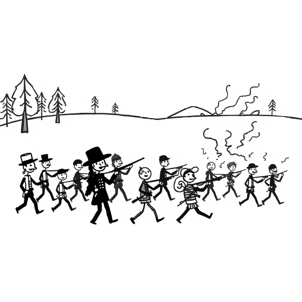 A simple doodle drawing depicting a civil war scene, featuring stick figures in historical uniforms, with one side representing Union soldiers and the other side representing Confederate soldiers