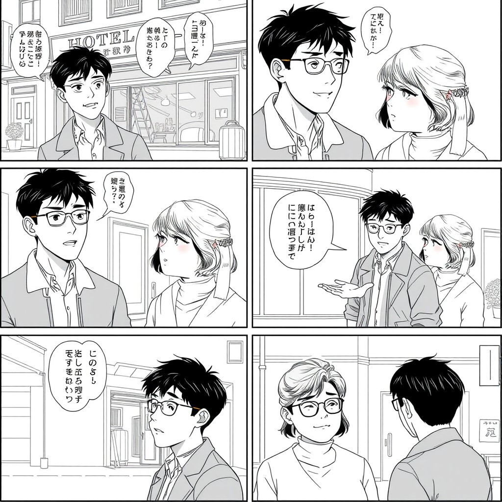 A series of black and white manhwa-style illustrations depicting various scenes featuring a young man in his 20s with black hair and white skin