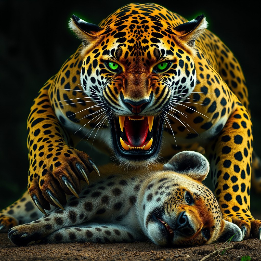 A hyper-realistic wildlife photography style vertical portrait (9:16) depicting a fierce, powerful jaguar (Panthera onca) standing triumphantly over a defeated, lifeless adult spotted hyena (Crocuta crocuta) after an intense battle