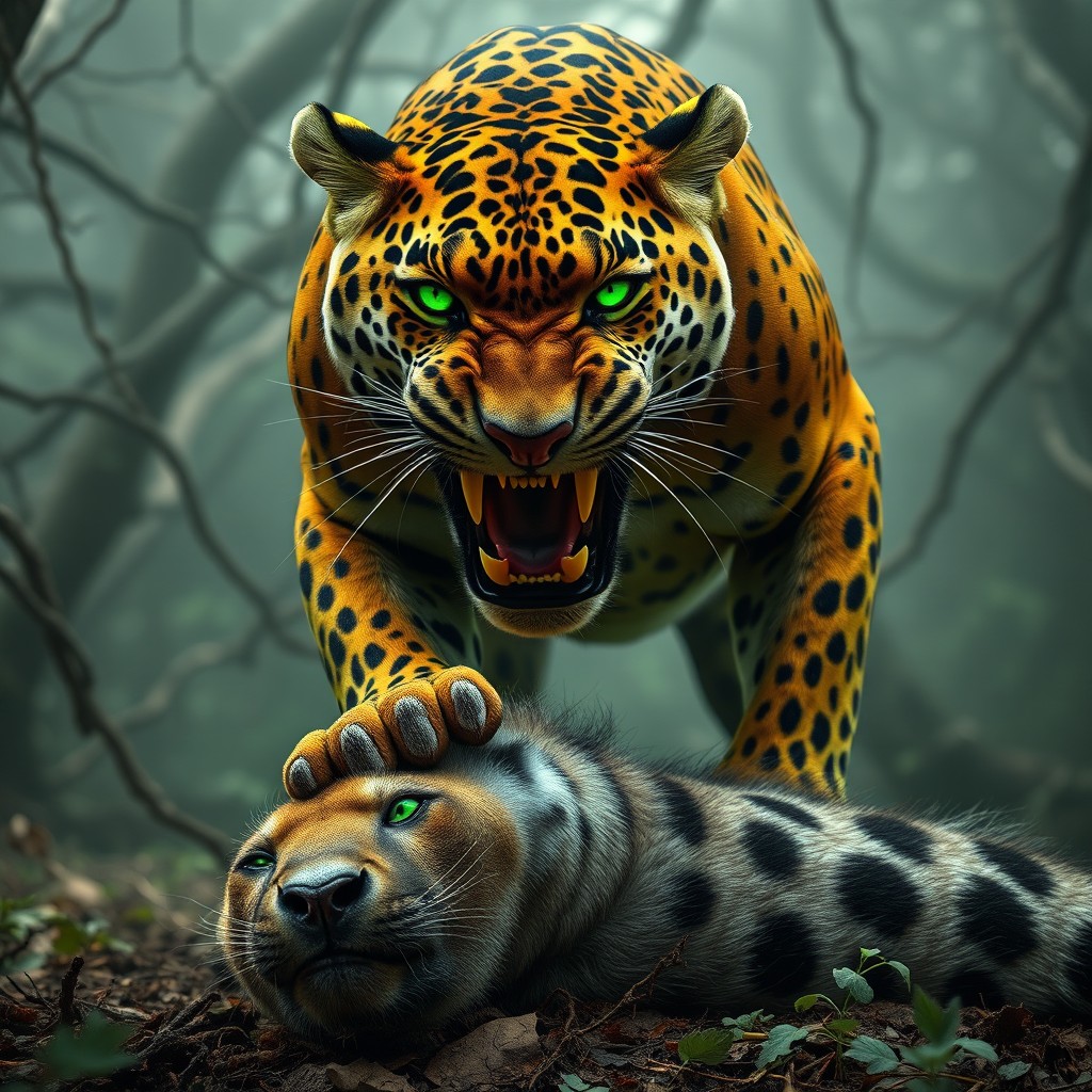 A hyper-realistic vertical portrait (9:16) of a fierce, powerful jaguar (Panthera onca) standing triumphantly over a defeated, lifeless adult spotted hyena (Crocuta crocuta) after an intense battle