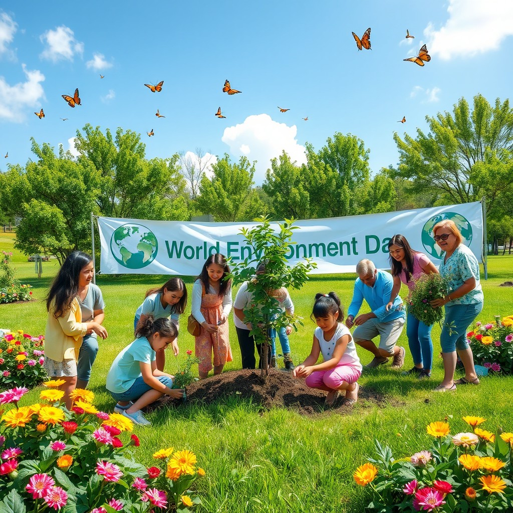 A serene and inspiring scene depicting World Environment Day, featuring a diverse group of people from various cultures planting trees together in a lush green park under a bright blue sky