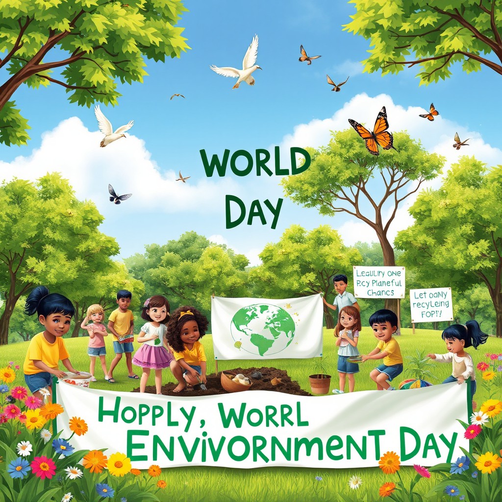 A vibrant and picturesque celebration for World Environment Day featuring a diverse group of people participating in various eco-friendly activities such as planting trees, cleaning up a beach, and raising awareness about recycling