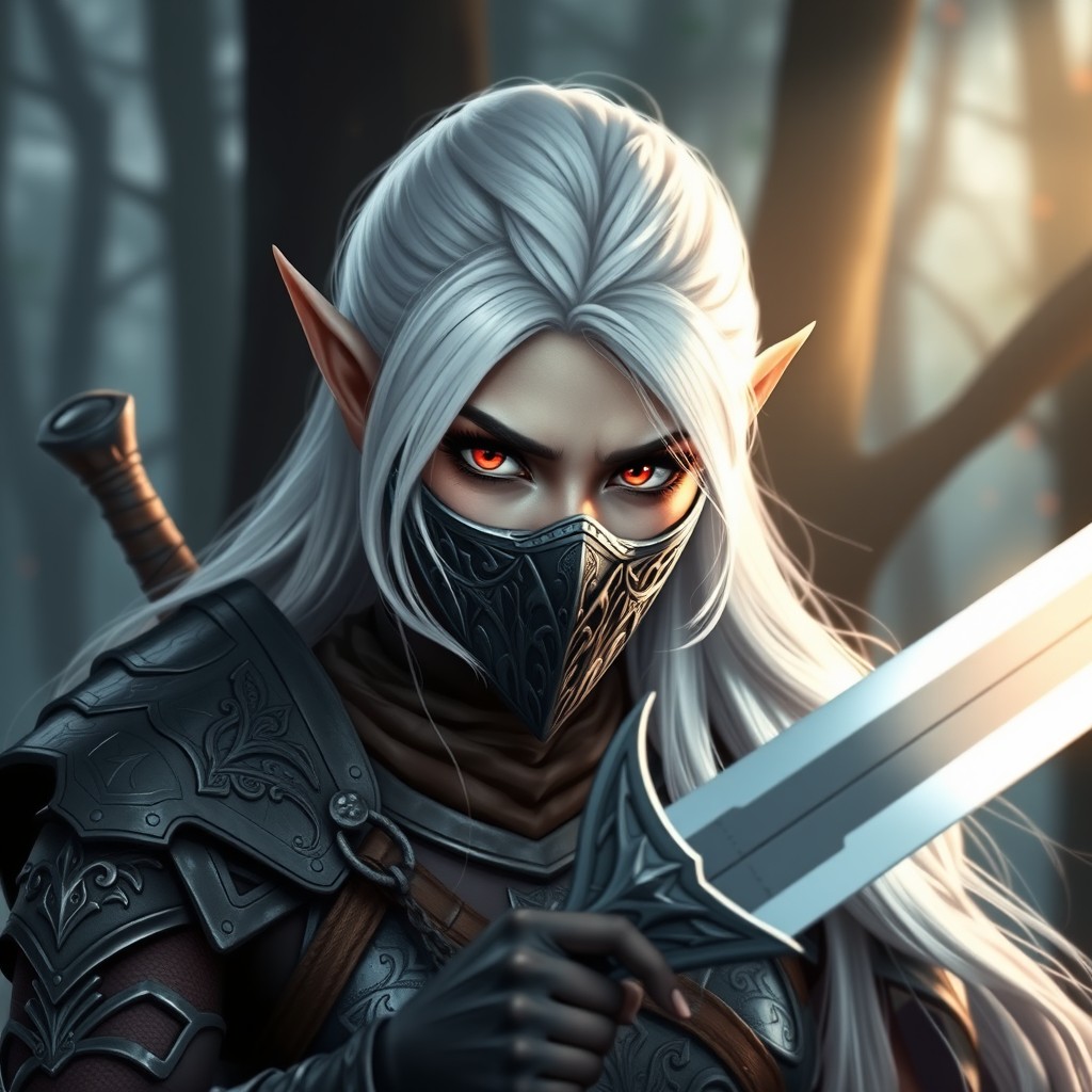 A striking white-haired elf warrior with vibrant red eyes, showcasing a fierce expression