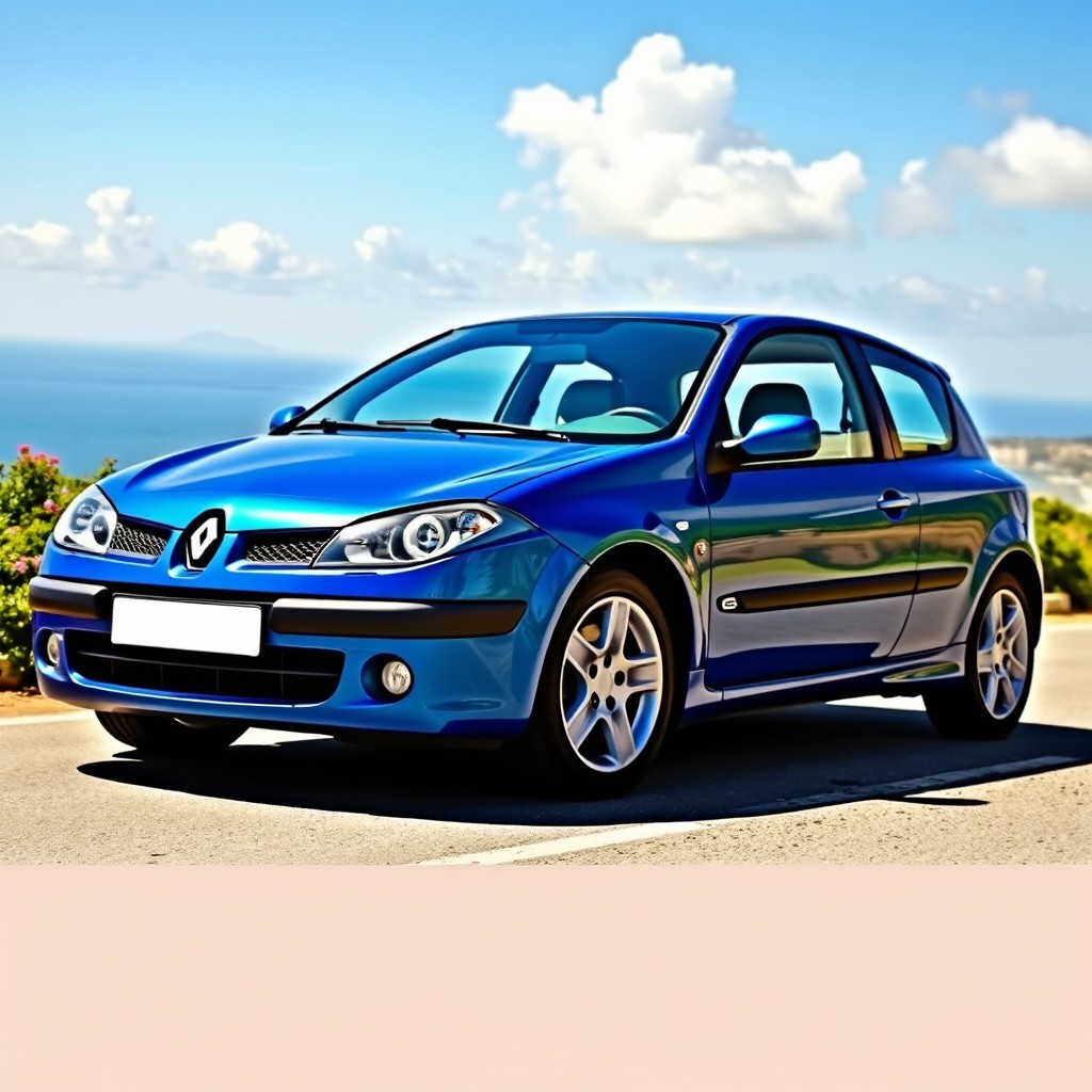 A detailed and vibrant image of a Renault Megane RT from 1998, showcasing its distinctive blue color, sleek lines, and sporty design