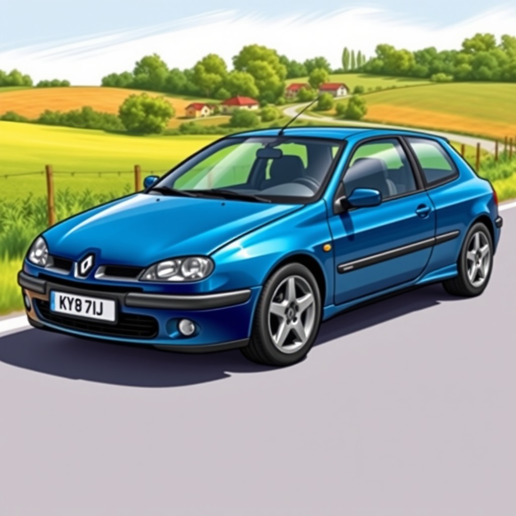 A detailed illustration of a Renault Megane RT from 1998, showcasing its distinctive features such as the sleek body design, rounded headlights, and classic alloy wheels