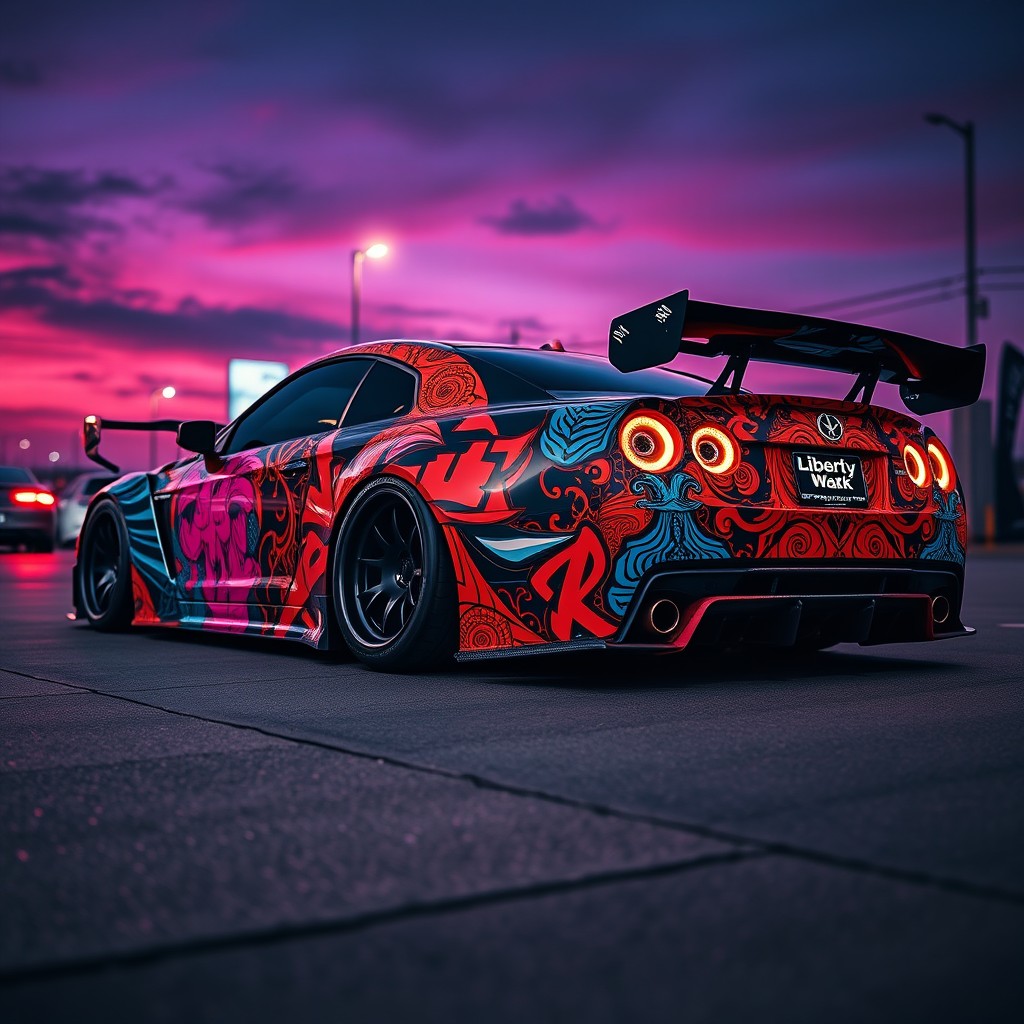 A stunning modified car featuring a Liberty Walk style widebody kit