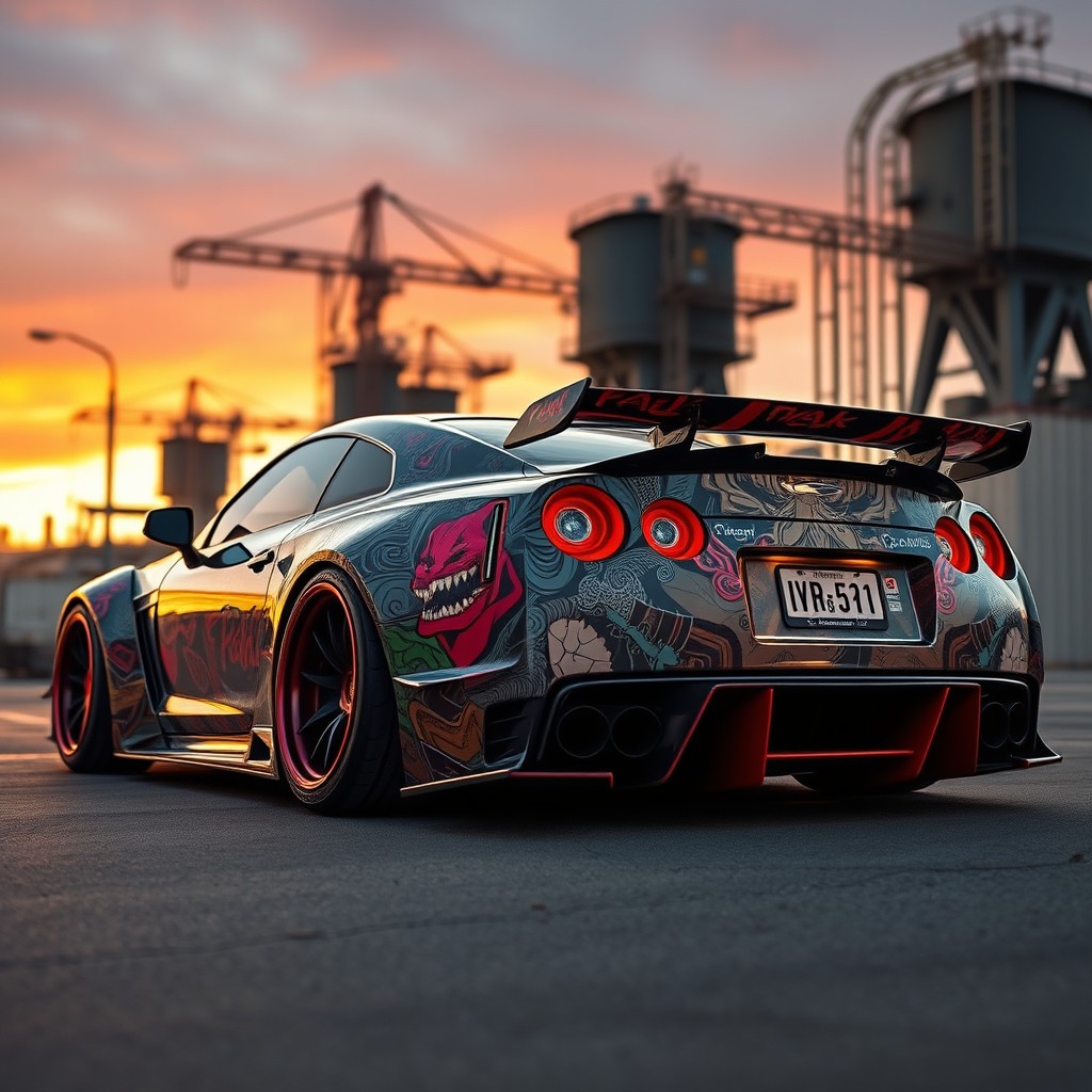 A fierce, customized sports car featuring a Liberty Walk wide body kit, showcasing an aggressive stance with lowered suspension and a striking wrap that incorporates artistic Liberty Walk designs
