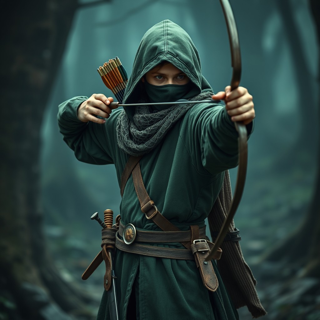 A young man wearing a long green cloak with a hood pulled over his head, sporting a mask covering his mouth and nose