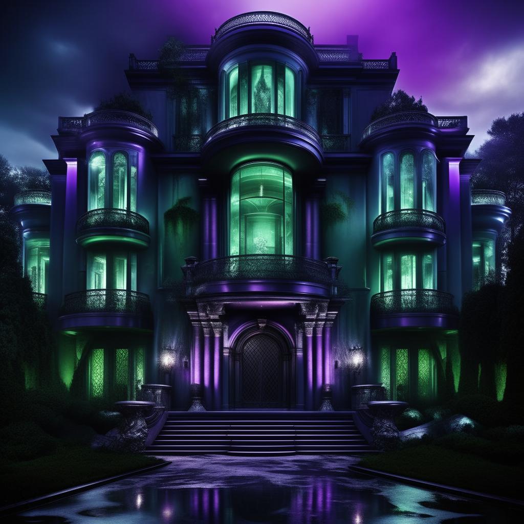 A modern, imposing mansion, acting as a lair for an enraged evil genius. Its clean, sleek design belies his towering intellect and malevolence. Drowned in chilling blues, haunting greens, and unforgiving purples, it radiates immense power and unceasing rage.