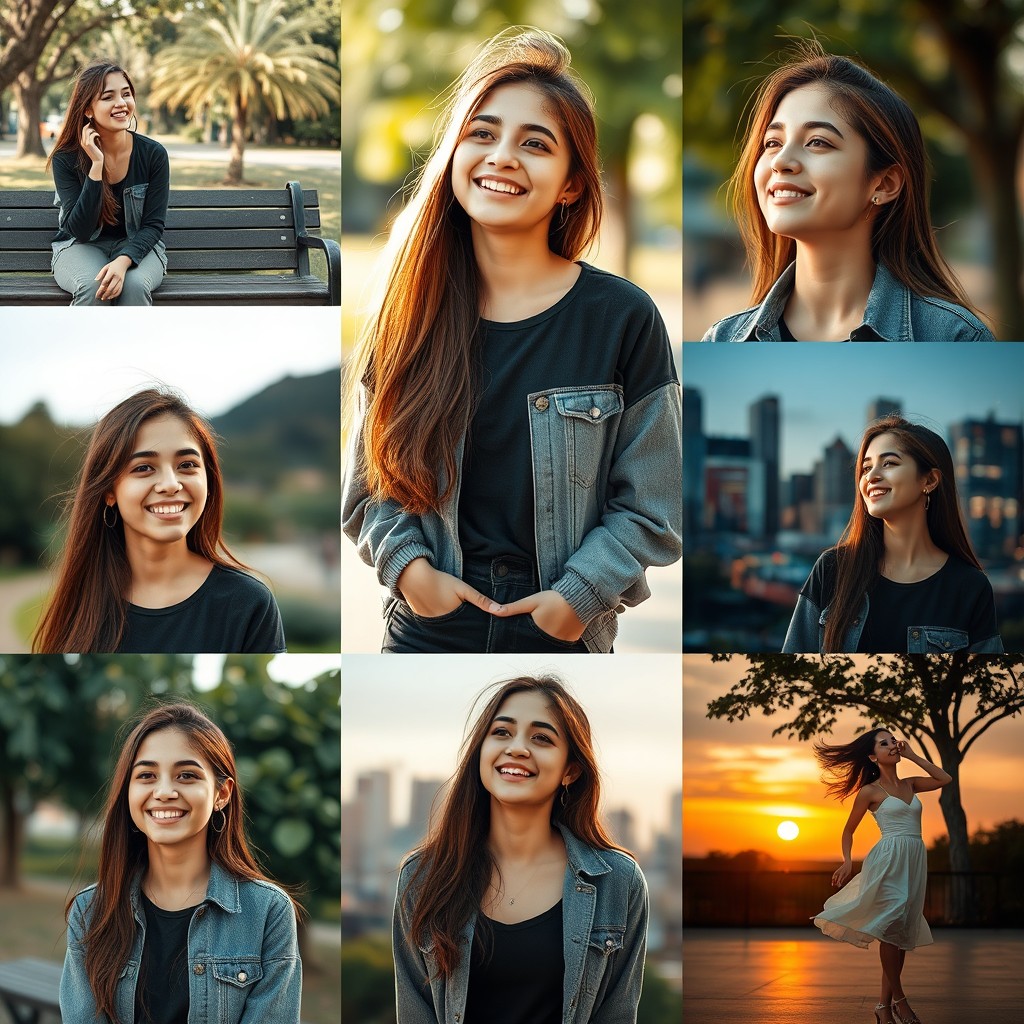 A collection of artistic portraits featuring a young woman in various settings, showcasing her personality and style