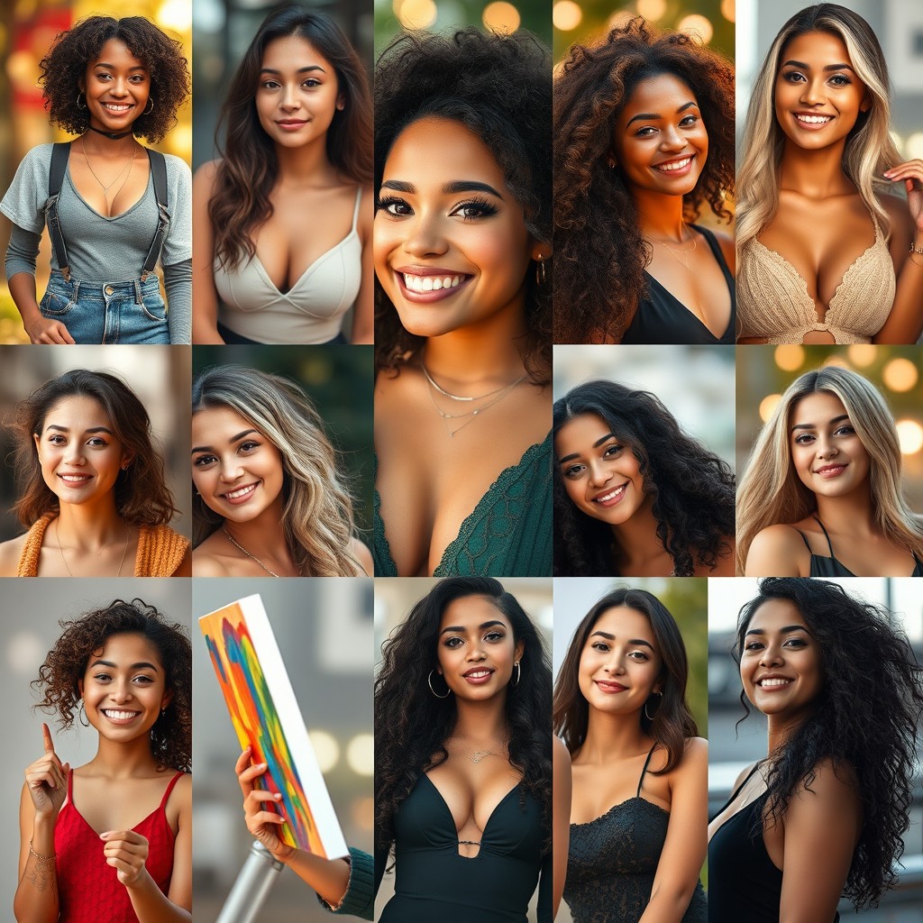 A vibrant and artistic collection of portraits featuring young women in various captivating poses