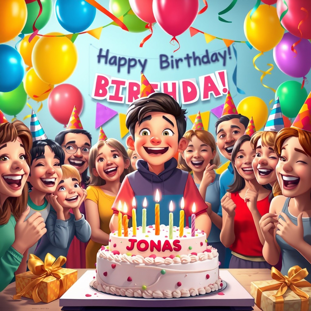 A vibrant and cheerful birthday scene celebrating a character named Jonas