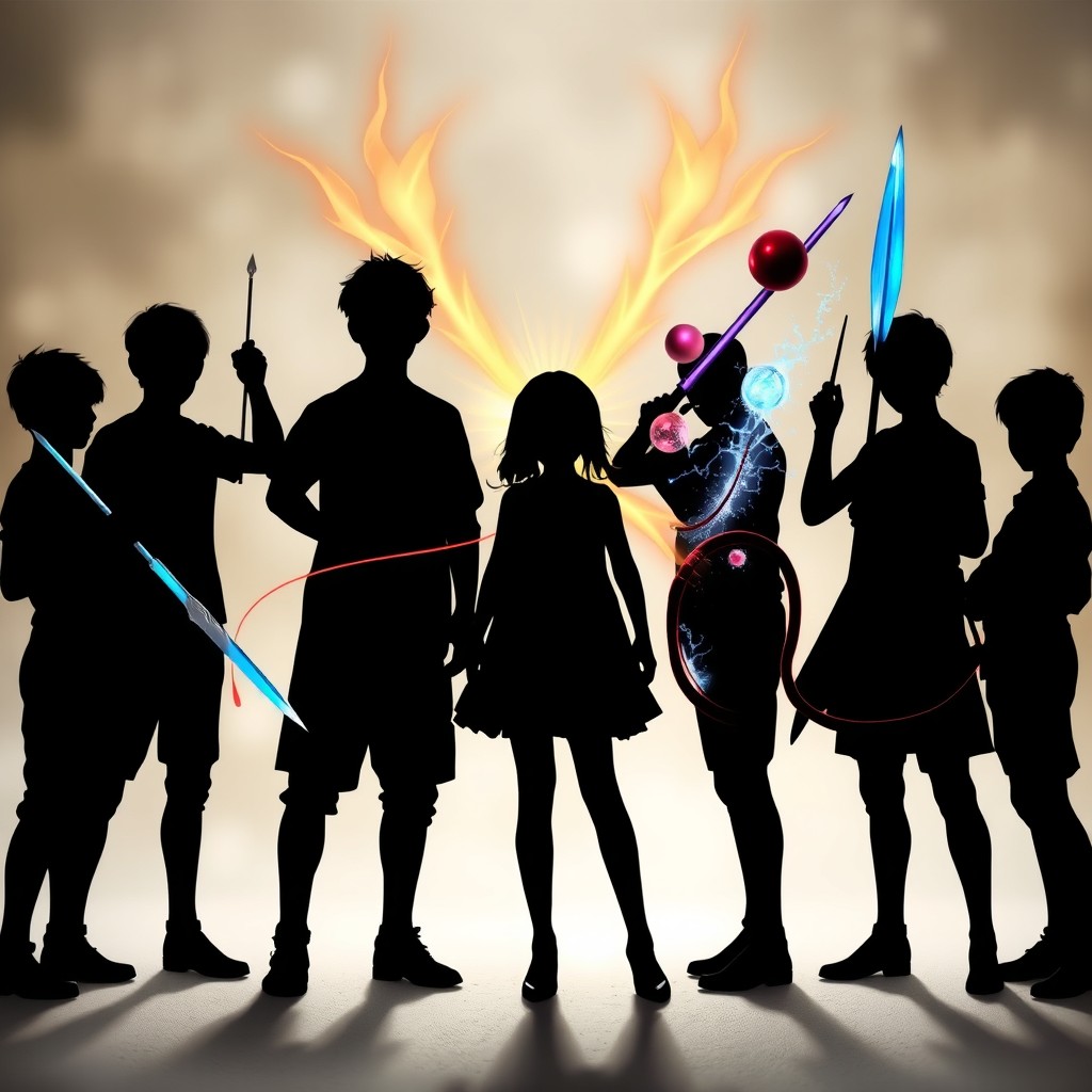 Silhouettes of seven boys and one girl arranged in a dynamic formation