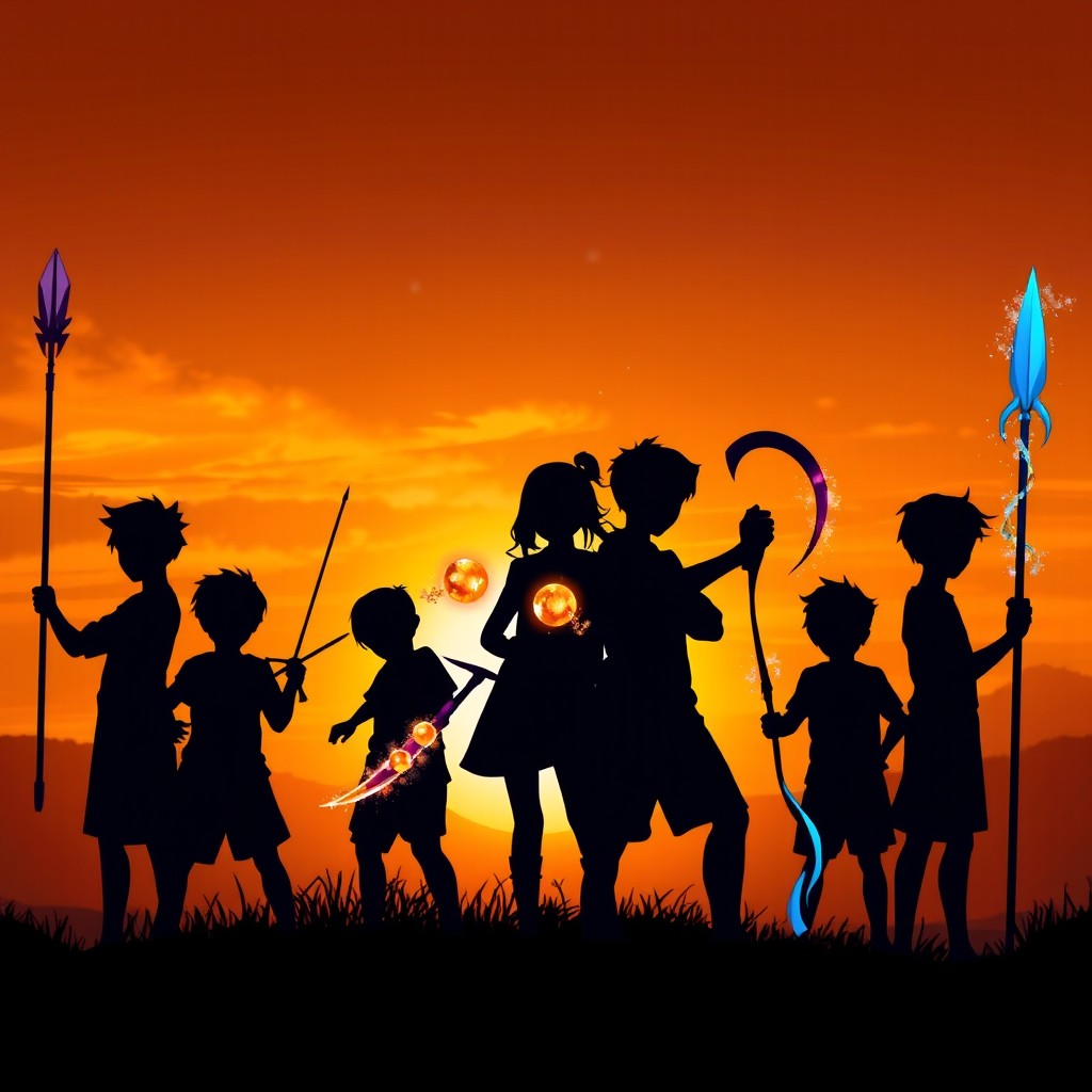 Silhouettes of 7 boys and 1 girl, all appearing around 22 years old, positioned against a sunset backdrop