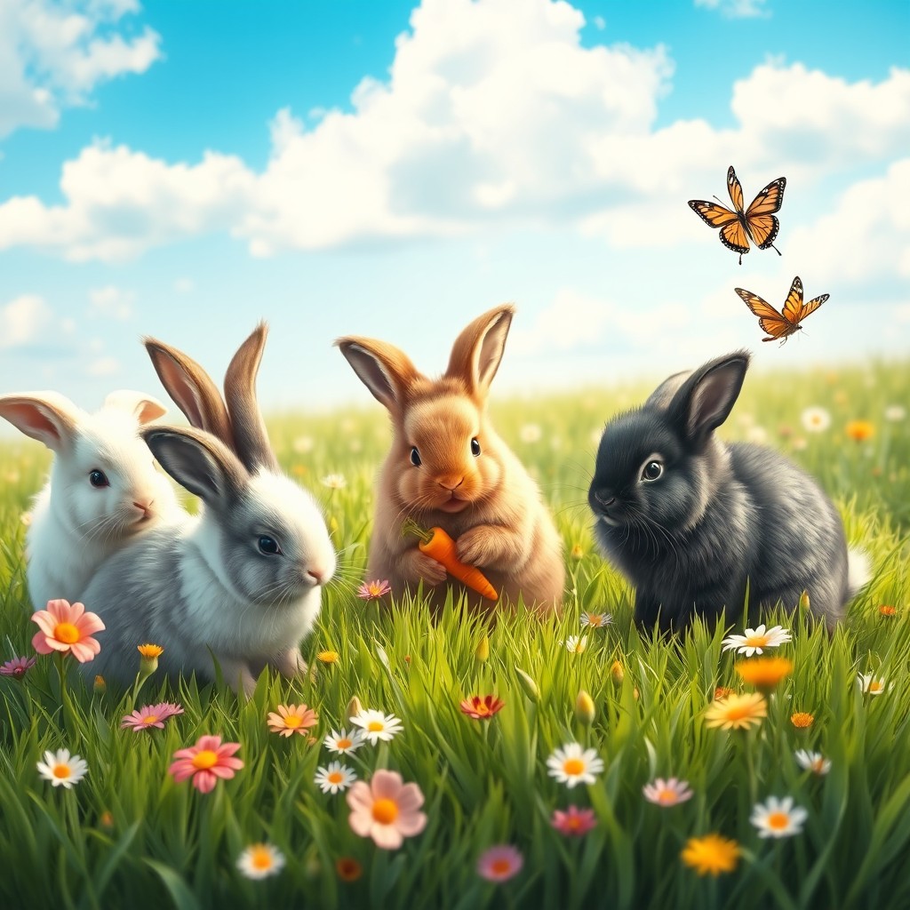 A group of fluffy bunnies of different breeds, each with soft, fluffy fur in various colors such as white, brown, grey, and black