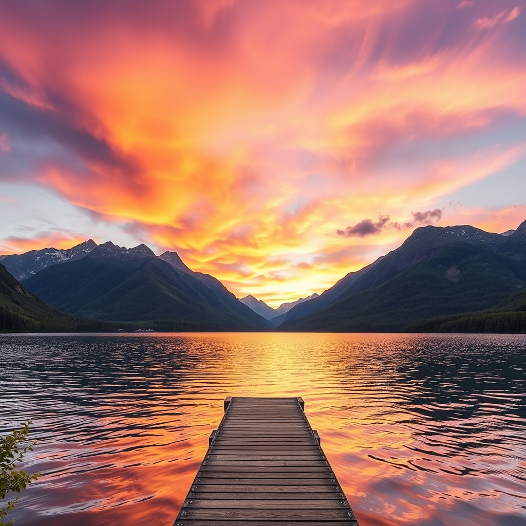 A serene landscape of a tranquil lake surrounded by majestic mountains during sunset, the sky vividly painted in hues of orange, pink, and purple