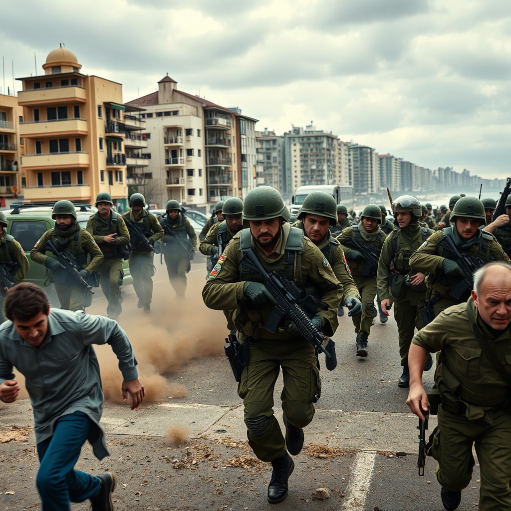 In a dramatic and intense scene, Hamas fighters are storming into Tel Aviv, showcasing their determination and courage