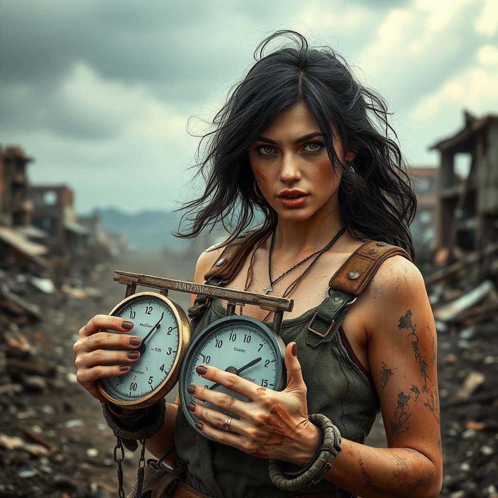 A dark-haired woman in a post-apocalyptic setting, holding food scales in her hands