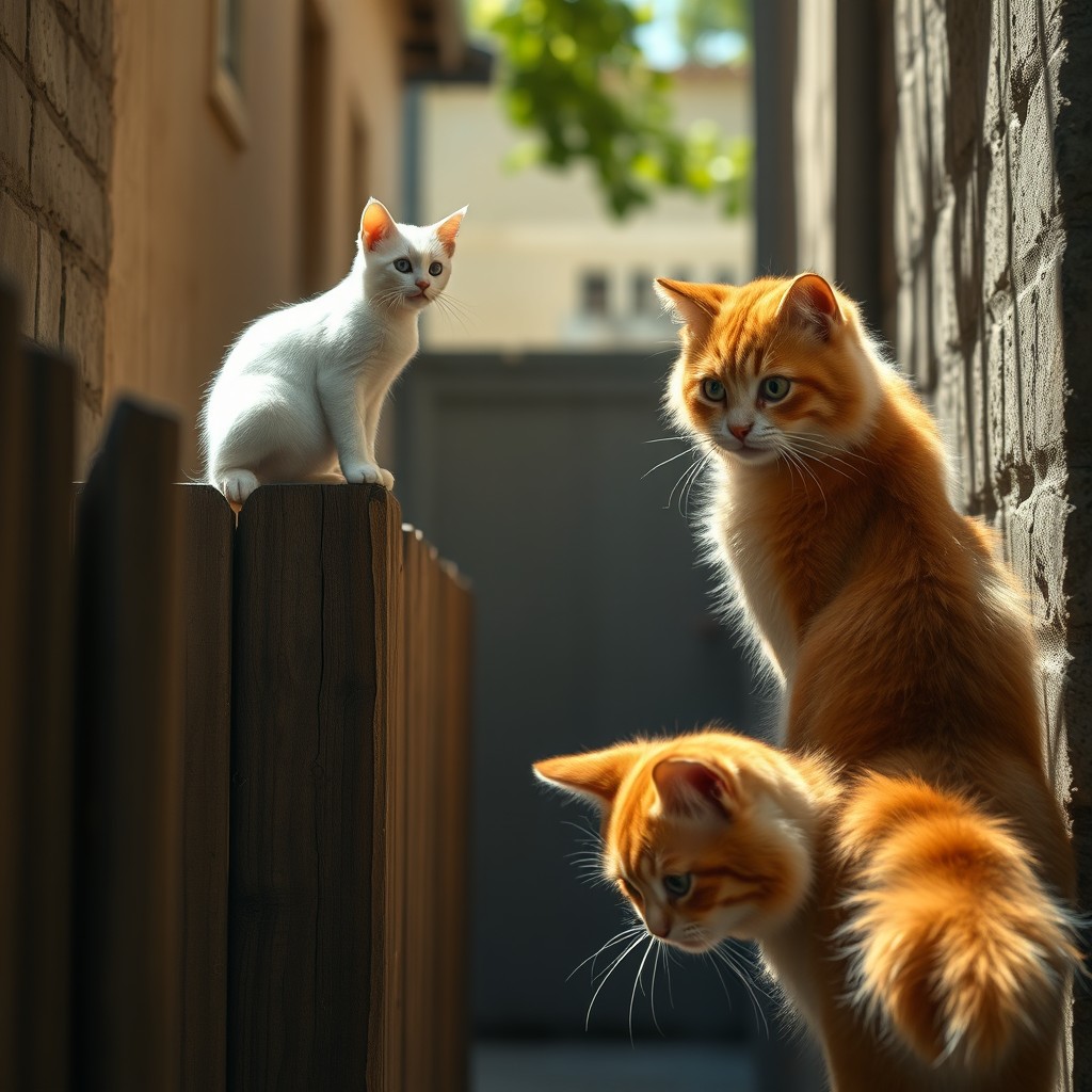 In a cozy, sunlit alley filled with soft shadows, a small white cat with delicate features and sparkling blue eyes sits proudly atop a wooden fence