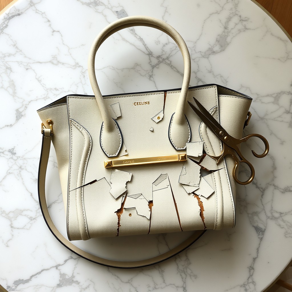 A realistic image of a Celine Triomphe bag with gold hardware, deliberately destroyed with cuts made by scissors