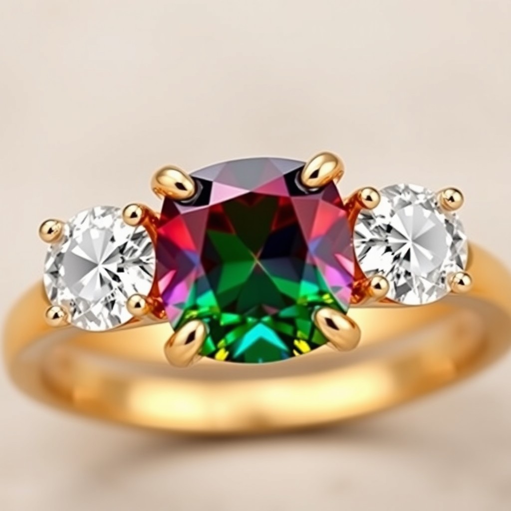 A stunning quarter inch thick gold engagement ring featuring a vibrant colored stone at the center, flanked by two exquisite 0