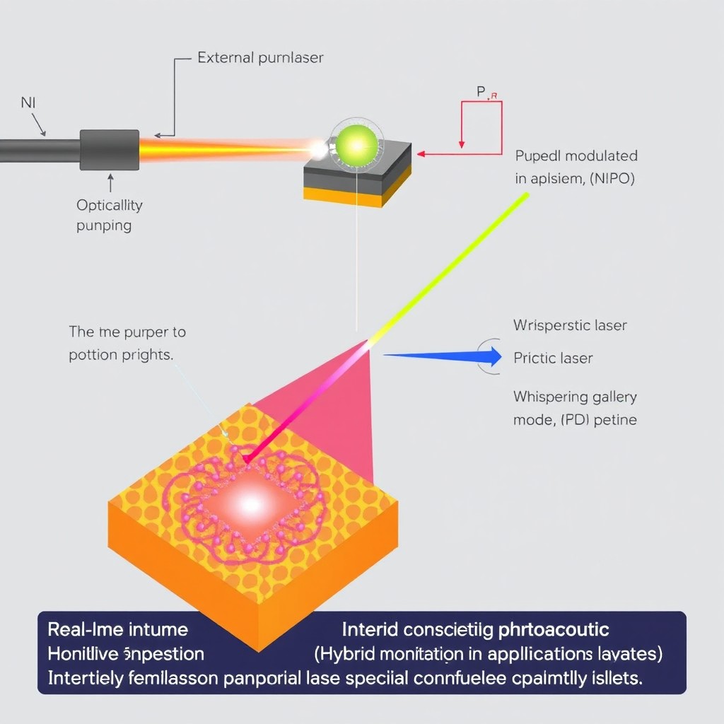 A detailed schematic illustration of a microlaser constructed from core-shell quantum dots (CQDs) encapsulated in silicon dioxide (SiO₂), layered with polyethyleneimine (PEI) and peptide